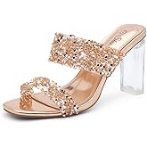 Shoe Land Clear Heels for Women | Transparent Two Strap High Block Chunky Heeled Mules | Slip-On Dressy Clear Sandals for Prom, Wedding, Party & Formal Events