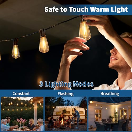 LangPlus+ 30M Solar Festoon Lights Outdoor Waterproof, 37+2 Shatterproof ST38 Edison Bulbs with 3 Lighting Modes, Outside Solar Powered String Lights for Backyard, Patio, Porch, Garden
