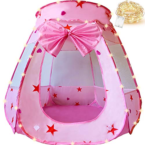 KingBee Pink Princess Pop Up Play Tent Ball Pit with Lights, Toys Gifts