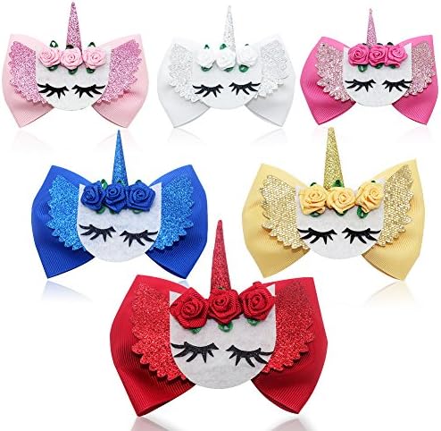 Sacarla 6 Pieces 4" Sparkly Fashion Unicorn Hair Bows Hair Clips with Gift Box Boutique Hair Bows for Newborns Babies Toddlers Baby Girls Teens Little Girls Big Girls