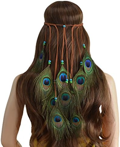 ADCorner Indian peacock feather headband fascinator tassel hair band headwear for wedding Halloween Christmas festival Boho head dress for girls women (peacock)