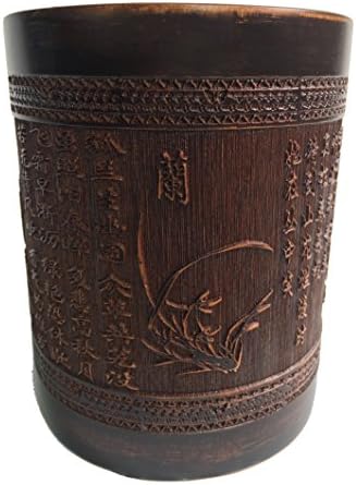 Pen Pencil Makeup Brush Holder Cup for Desk Decorative Bamboo Wood Carving Desktop Caddy Accessories Organizer and Storage Wooden Round Vintage