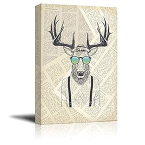 Creative Animal Figure on Vintage Paper Canvas Wall Art - Mr Elk Cool Sun Glasses - Giclee Print Gallery Wrap Modern Home Art Ready to Hang - 12x18 inches