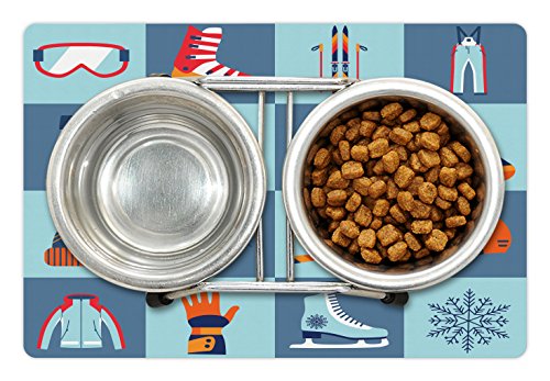 Sports Pet Mats for Food and Water by Lunarable, Ice Skating Winter Sports Skiing Boot Cap Glasses Skates Snowboard, Rectangle Non-Slip Rubber Mat for Dogs and Cats, Slate Blue Turquoise Orange