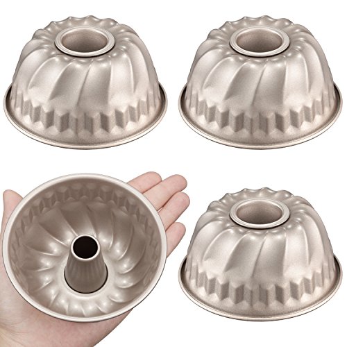 CHEFMADE Mini Bundt Pan Set, 4PCS 4-Inch Non-stick Carbon Steel Kugelhopf Mold, FDA Approved for Oven Baking (Champagne Gold)