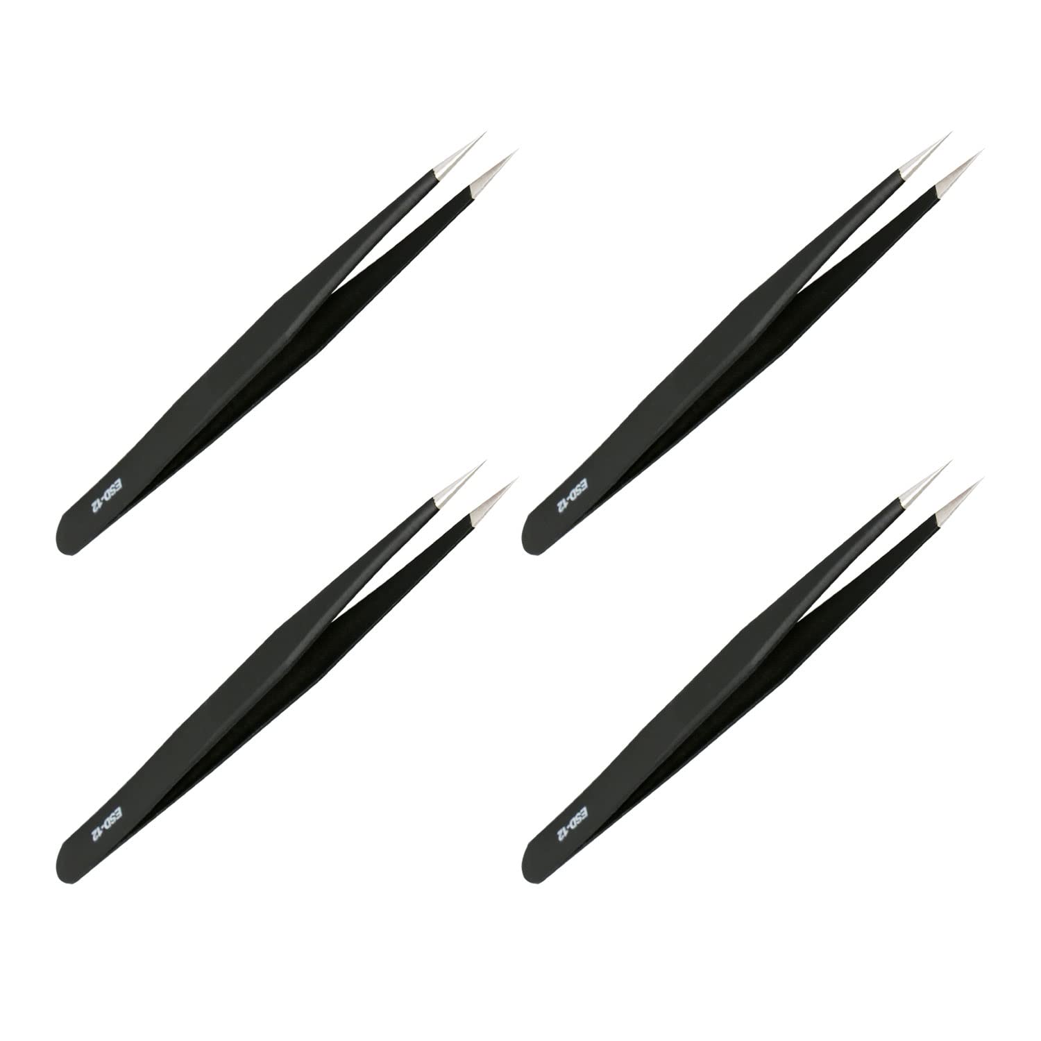 Aopin 4pcs ESD-12 Anti-Static Precision Tweezers, Anti-Static Multi-Function, Polished Edges Corners Suitable for Electronic Repair, Laboratory Operation, Jewelry Making Process, Black,