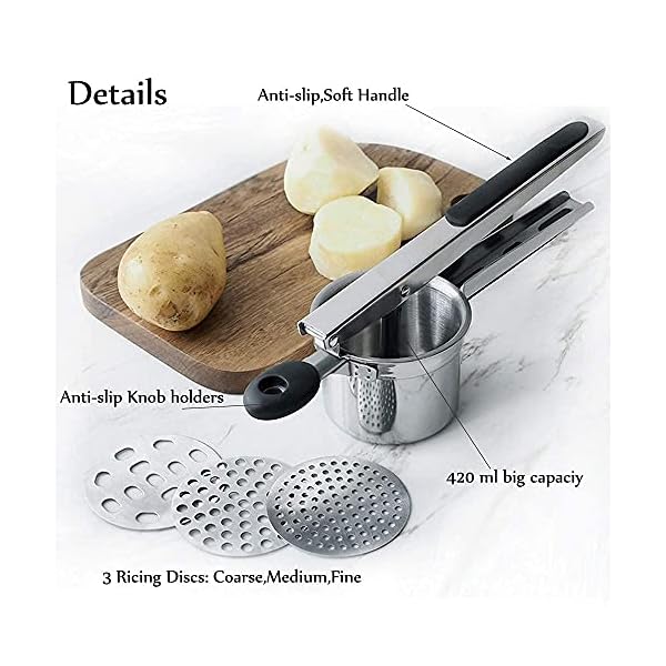 HUAYT-Potatoes-Ricer430-Stainless-Steel-Multi-Functional-Potato-Ricer-Masher-for-Vegetable-and-Fruit-with-3-Interchangeable-Ricing-Discs-and-3-in-1-PeelerPerfect-for-Mashed-Potatoes-Fishcakes HUAYT Potato Ricer Masher,Multi-Functional Potato Ricer and Masher Stainless Steel for Vegetable and Fruit with 3…