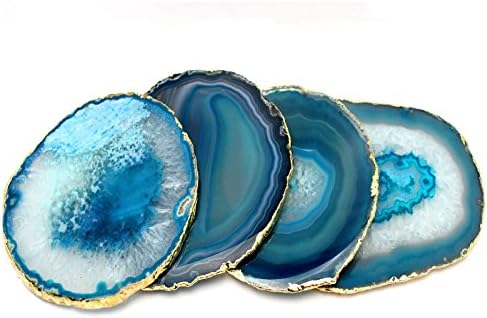 4 (FOUR) Gold Plated Edge Agate Coaster - Blue Colored Gold Plated Agate Coasters Rock Paradise COA