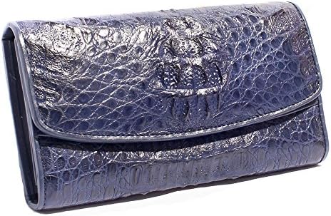 Genuine Caiman Crocodile Hornback Skin Real Leather Clutch Purse Credit Card Holder ID Window Long Wallet by Kanthima (Navy Blue)