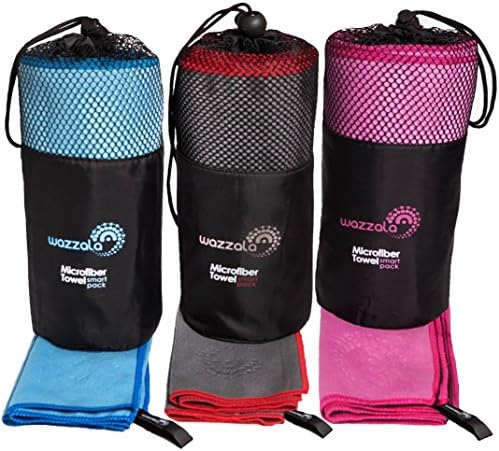 Wazzala Premium Microfiber Towel for Travel, Beach, Sports and Outdoors. Quick-Dry, Compact. with Hook. Hand or Face Towel and Mesh Bag Included.