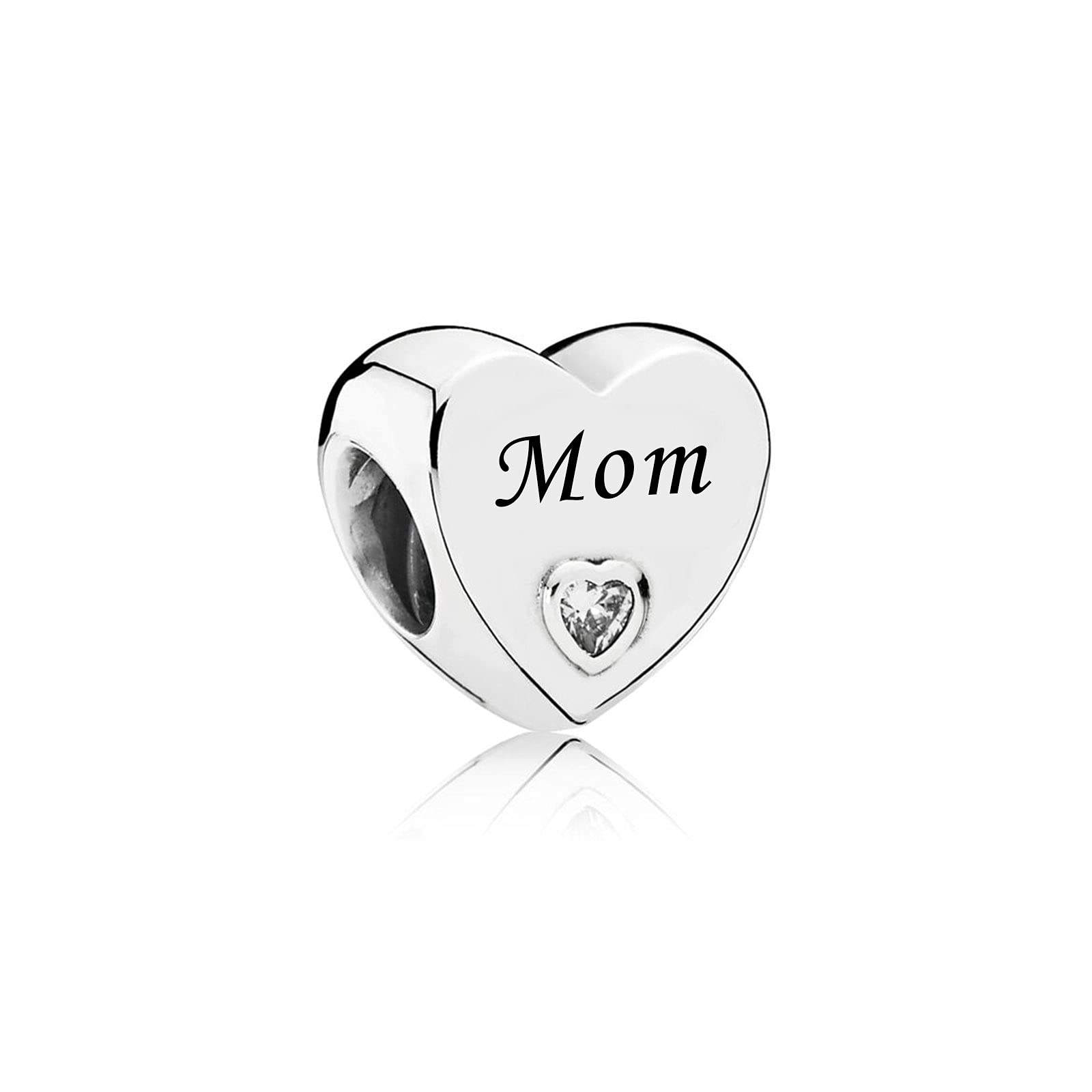 FGT Mom Sterling Silver Clear CZ Heart Charm fits Pandora Charms Bracelets Necklaces Pendants Birthday Jewellery Gift for Women Mum Daughter Sisters Mother's Day