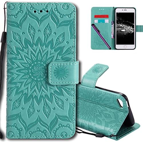 COTDINFORCA iPod Touch 6 Flip Case Emboss Mandala with Card Holder Slot Pockets, Wrist Strap, Magnetic Closure Premium PU Leather Case Cover for Apple iPod Touch 5th/ 6th. Mandala Green