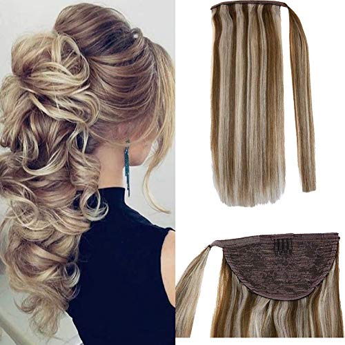 LaaVoo 18" Straight Long Ponytail Human Hair Extension Hairpiece Wrap Around Pony Tail Clip in Hair Extensions For Girl Lady Woman Highlight Color Light Brown to Light Blonde 80g