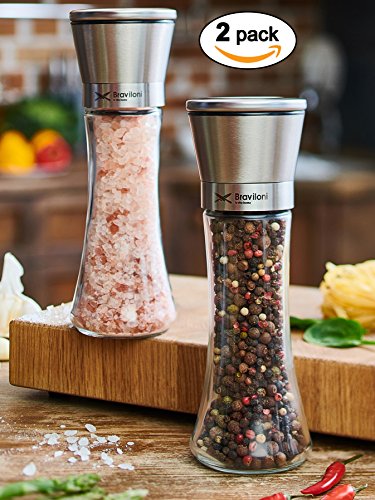 Salt and Pepper Grinder Set - Mill and Shakers Kit - Brushed Stainless Steel, Tall Premium Glass and Adjustable Ceramic Grinding System for Cooking Spices - Perfect on Kitchen