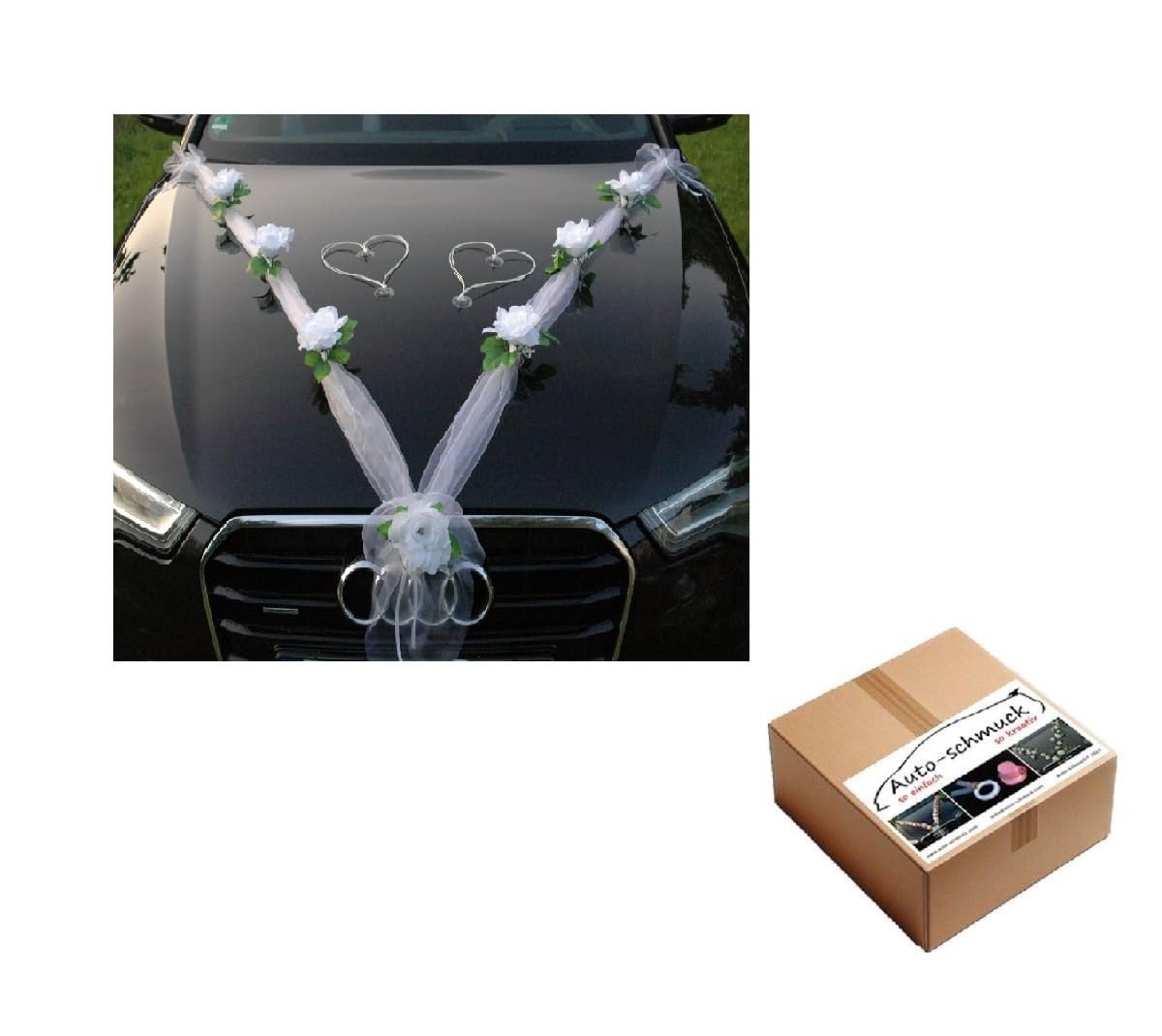 ORGANZA M + HERZEN Braut Paar Rose Deko Dekoration Autoschmuck Hochzeit Car Auto Wedding Deko Ratan Girlande ®Auto-schmuck PKW (Reinweiß/Weiß/Weiß)