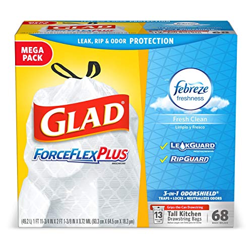 Glad Tall Kitchen Drawstring Trash Bags - ForceFlexPlus 13 Gallon White Trash Bag, Febreze Fresh Clean - 68 Count