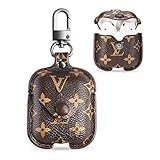 Airpods Leather Case Cover with Keychain Strap Accessories Kits, Portable Protective Shockproof Cover.for Apple Airpods (Brown/Flower)