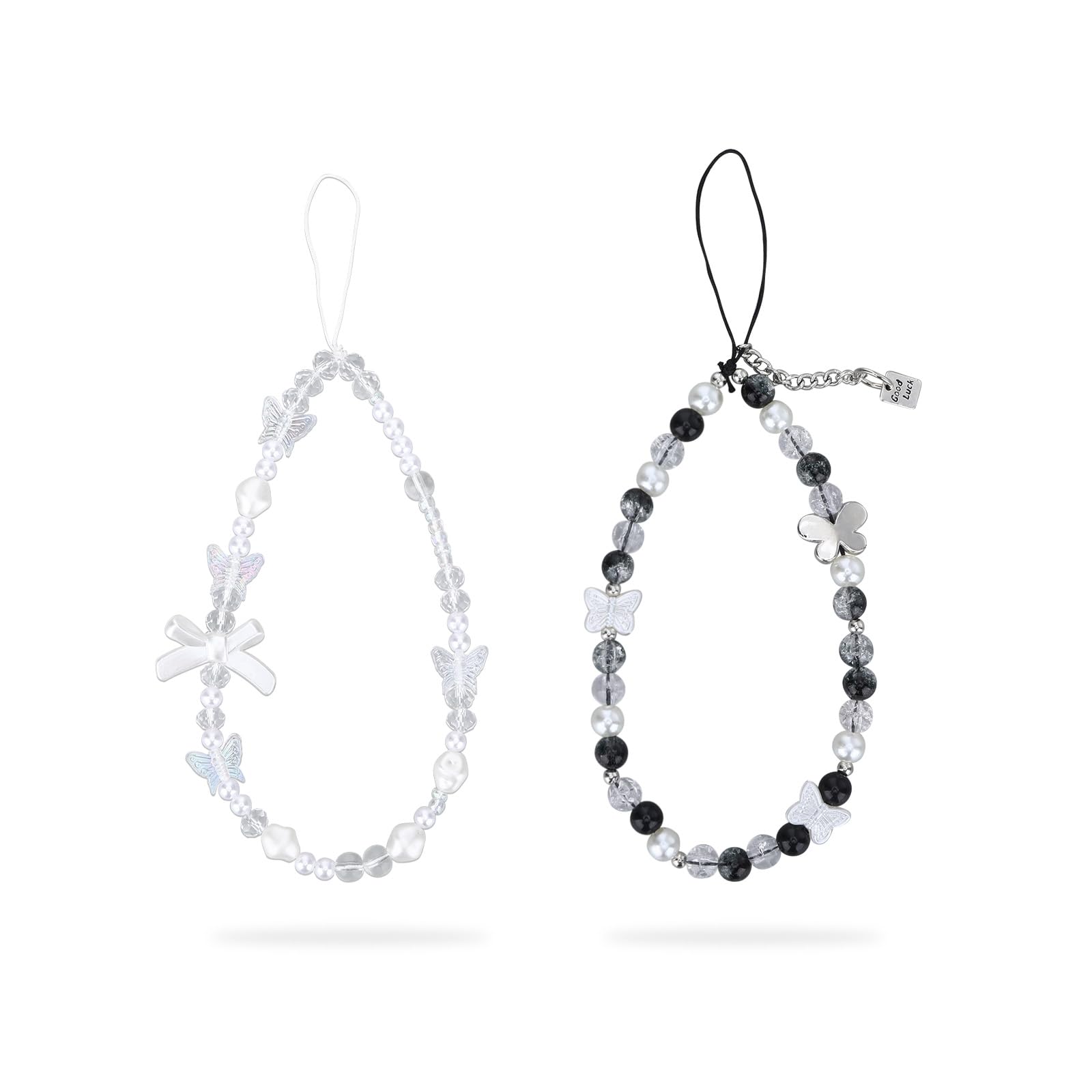 Xyulaan 2Pcs Wrist Strap for Phone Charm Beads, Phone Beaded Wrist Strap Lanyard Beaded Wristlet for Cellphone Chains for Cellphone Case, Black Charms Y2k Bow Lanyard Wrist Straps Camera Charm Strap
