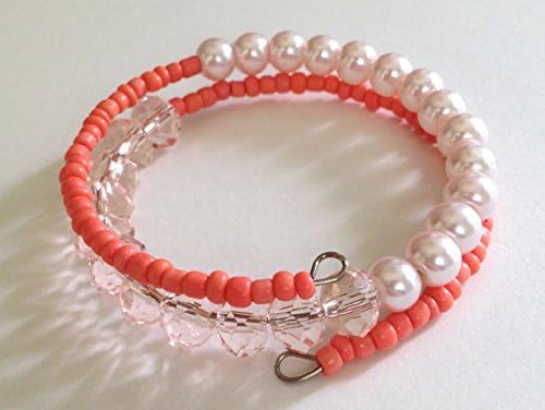 Pink Crystal, Glass Pearl and Seed Bead Memory Wire Coil Wrap Bracelet