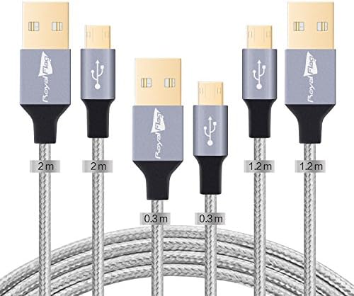 Royal Flag Micro USB Cable Cord Charger [3-Pack: 6.6FT 4FT 1FT] USB 2.0 A Male to Micro USB Android Cell Phone Camera Charging Data Transfer Braided Cable Long For Samsung LG Canon Nikon Gold Plated