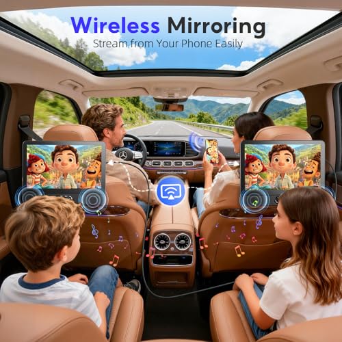 Arafuna 12" Dual Screen HD IPS Car DVD Player, Portable Headrest with HDMI, Wireless Mirror, Simultaneous Two Movie Playback, AV Out, USB/TF, Resume Memory