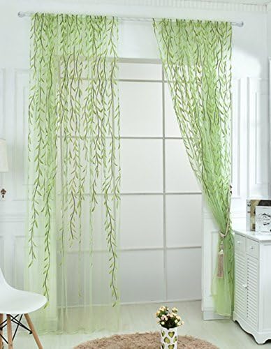 TINNZTES Curtain Sheer, window screening, Window gauze, fresh wicker Willow Pattern Voile Floral Print Sheer Panel Drapes Scarfs Curtain Fit for door, room, balcony, window, 39.4x78.7 inch (Green)