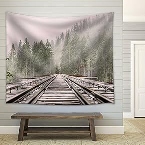 Railway Through The Pine Forest with Mist - Fabric Wall Tapestry Home Decor - 51x60 inches