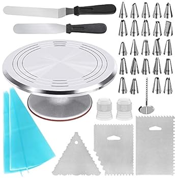 Kootek 35-in-1 Cake Decorating Supplies with Aluminium Alloy Revolving Cake Turntable, 24 Piping Tips, 2 Frosting Spatula, 3 Icing Comb, 2 Reusable Pastry Bags, 2 Couplers and 1 Flower Nail