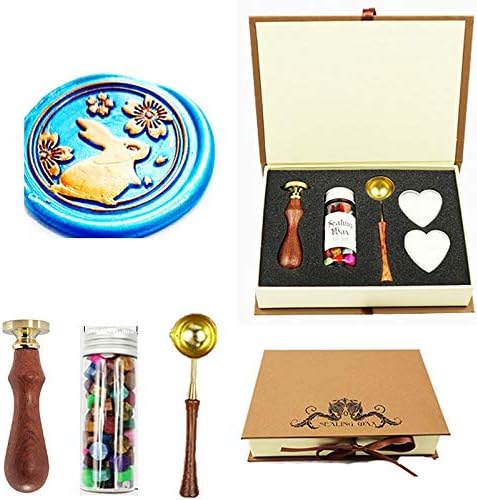Rabbit Sakura Flower Wax Seal Stamp Kit Gift Book Box Rosewood Handle Wax Beads Melting Spoon Set,Wedding Invitations Letters Seal Stamp