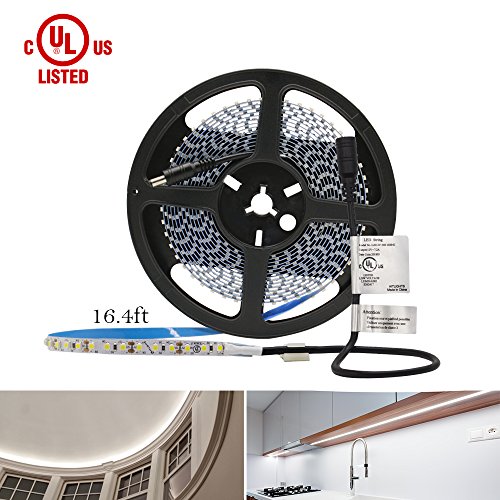 HitLights White LED Strip Lights 4000K,16.4ft High Density 12V Tape Light, UL Listed, 600 LEDs, CRI>90, 300Lm/ft, Flexible Dimmable Rope Lights for Bedroom, Kitchen, Cabinet(Power Source Not Included)