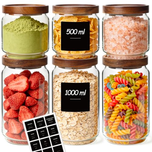 ComSaf Vorratsgläser mit Deckel, Glasbehälter, Vorratsdosen Glas 1L × 3 & 500 ml × 3, Borosilikatglas Hitzebeständig Akazienholzdeckel Luftdicht mit S