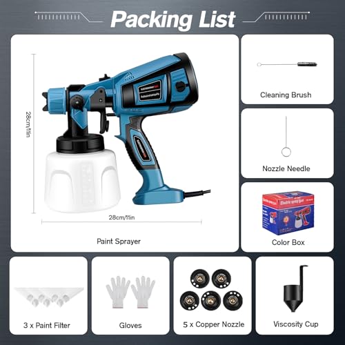 Paint Gun, 800W Electric Paint Sprayer, 4 Copper Nozzles with 1400 ml Capacity Sprayer, Suitable for Walls, Fences, Wood and Ceilings (Blue)