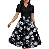 MarryUP Womens Short Puff Sleeve V Neck Casual Semi-Formal Cocktail Party A-Line Dress
