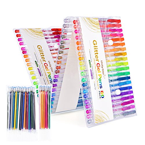 UnityStar 120-Set Glitter Gel Pen for Adult Coloring Books,60 Glitter Colors & 60 Ink Refills