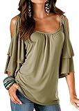 Merryfun Womens Sexy Summer Bat Ruffle Sleeve Cold Shoulder Loose Tunic Tops M