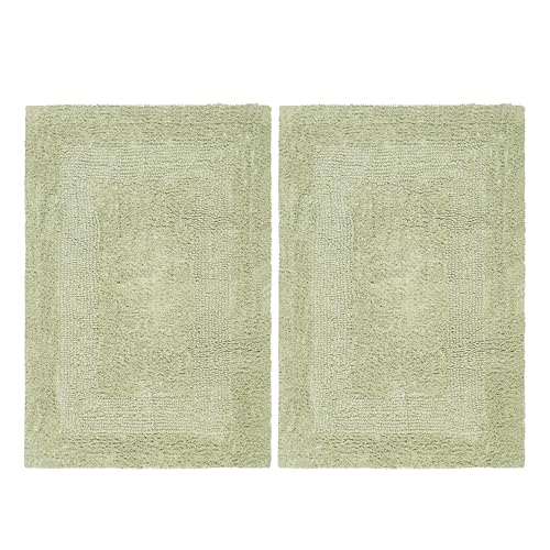 COTTON CRAFT Luxurious Bath Mat Rug - Set of 2 Reversible Heavyweight Step Out Bath Mats for Bathroom Floor, Tub and Shower - Pure Cotton Soft Plush Absorbent Tufted Racetrack Mat - 17x24 - Sage Green