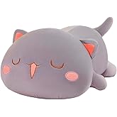 FUYU Cat Stuffed Animals, Soft Cat Plush Pillow Kawaii Kitten Stuffed Animal Toy Gifts for Kids Boys Girls Room Decor (Gray Squinted,15in/37cm)