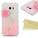 Galaxy S6 Edge Plus Case - Mavis's Diary Flowing Liquid Fancy Pink Love Heart with 3D Handmade Bling Flower White Butterfly Shiny Diamonds Clear Case Hard Cover for Samsung Galaxy S6 Edge+ G928