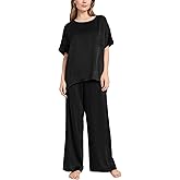 Women's Silk Satin Pajama Sets 2 Piece Short Sleeve with Long Pajama Pant Silky Sleepwear Lounge Set