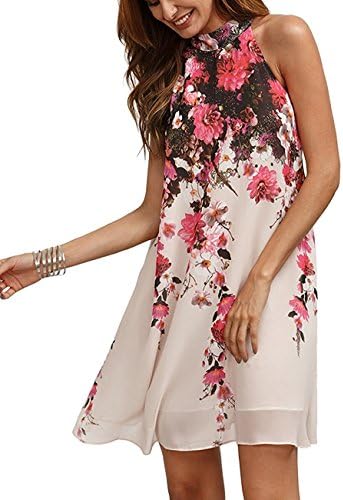 YIHUAN Women's Halter Neck Sleeveless Floral Print Casual Chiffon Shift Dress