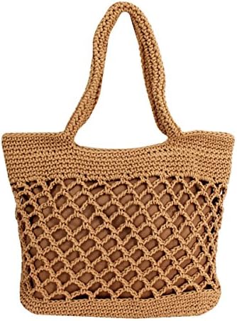 LA HUATECotton Threads Weave Handbag Casual Summer Beach Tote Handmade Straw Shoulder Bag