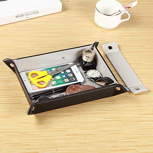 Key Tray Large for Men Leather Entryway Dish Bedside Catchall Bowl 2 Dividers Nightstand Organizer Caddy Travel Valet Tray for Wallet Coins Change Dice Watch Phone, Sundries Holder