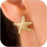 GUOKE Beach Starfish Earrings – 14K Gold/White Gold Plated Seafish Shell Earrings, Coastal Beachy Summer Vacation Jewelry for Women