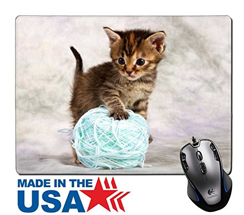 MSD Natural Rubber Mouse Pad/Mat with Stitched Edges 9.8â€ x 7.9â€ IMAGE ID 19659089 Kitten play with wool brown blue ball large fun