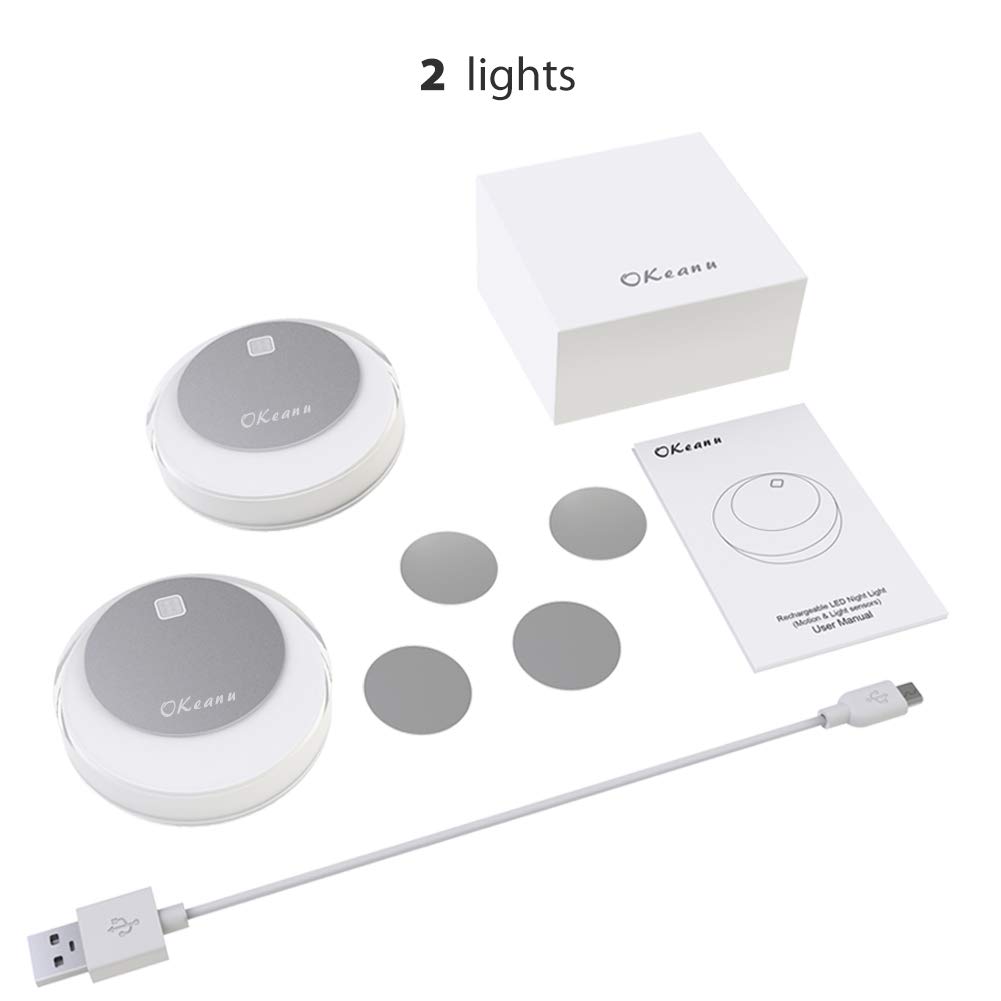 Motion Sensor Cabinet Led Light, Okeanu 3 Modes 14 LED Rechargeable Motion Sensor LED Night Light with USB Cable Auto On/Off, Cordless Wall Lights, Step Lights for Closet, Stairs, Bedroom (Yellow)