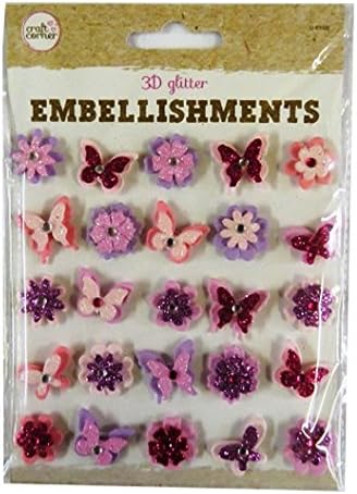 Coloured 3D Glitter Embellishments - Lilac, Pink Flowers and Butterflies - by Craft Corner