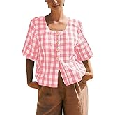 chouyatou Women's Gingham Button Down Shirt Cotton Shirt Plaid Blouses Short Sleeve Summer Tunic Tops