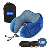 Ergonomic Travel Neck Pillow Set | Flight Kit Includes Eye Mask, Earplugs & Carry Bag | Memory Foam U Cushion Head/Neck Support | Anti-Sweat Cover with Magnetic Therapy Fabric | Cellphone Side Pocket