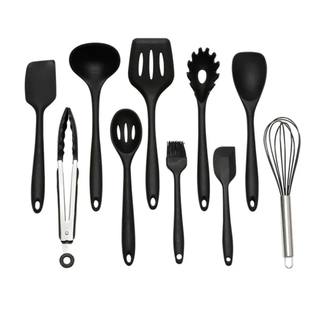 Silicone Kitchen Utensils Set, Kitchen Accessories Set of Utensils with Spatula, Spoon, Whisk, Slotted Turner | Non-Stick, Heat Resistant BPA Free 10 Piece Black Silicone Cookware