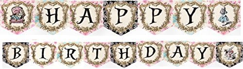 Alice in Wonderland Happy Birthday party banner glossy heavy paper pink or blue ribbon.